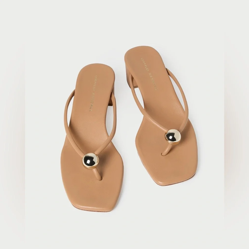 Loeffler Randall Tan Leather Toe-Post Sandals with Gold Dome - Picture 1 of 7